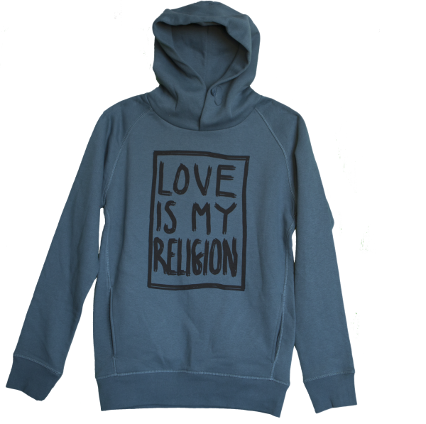 Unisex statement hoodie in blue green - 85% organic cotton / 15% recycled polyester