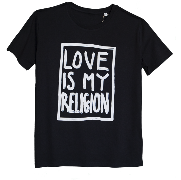 Men's organic cotton black statement love is my religion T-shirt.