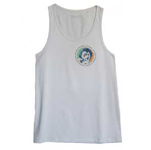 Mother of Pearl Men's sleeveless shirt with discharge screen print of design by collage artist Sammy Slabbinck