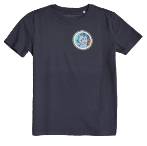 Navy Blue Men's T-shirt with discharge screen print of design by collage artist Sammy Slabbinck